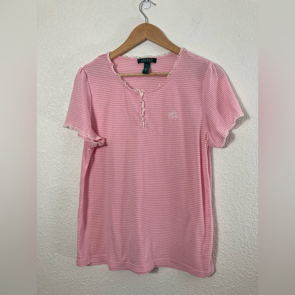 Lauren Ralph Lauren pink and white striped pajamas top XL lace detail logo